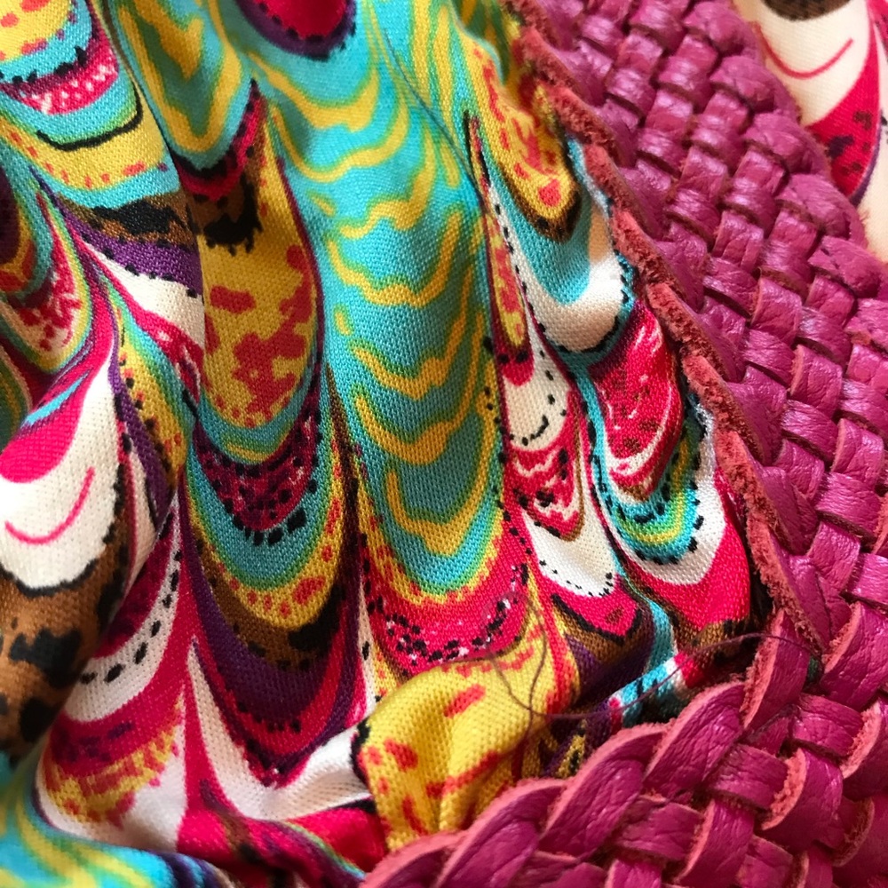 SKY small fuchsia, turquoise, yellow & ivory batwing top with leather accent. - Picture 3 of 3